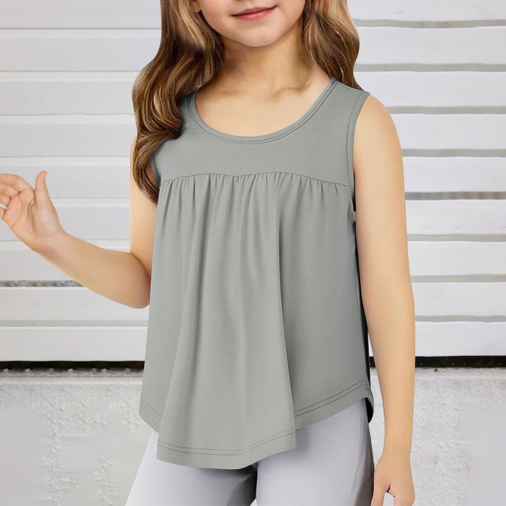 Children's Round Neck Casual Solid Color Sleeveless Pleated T-shirt Top