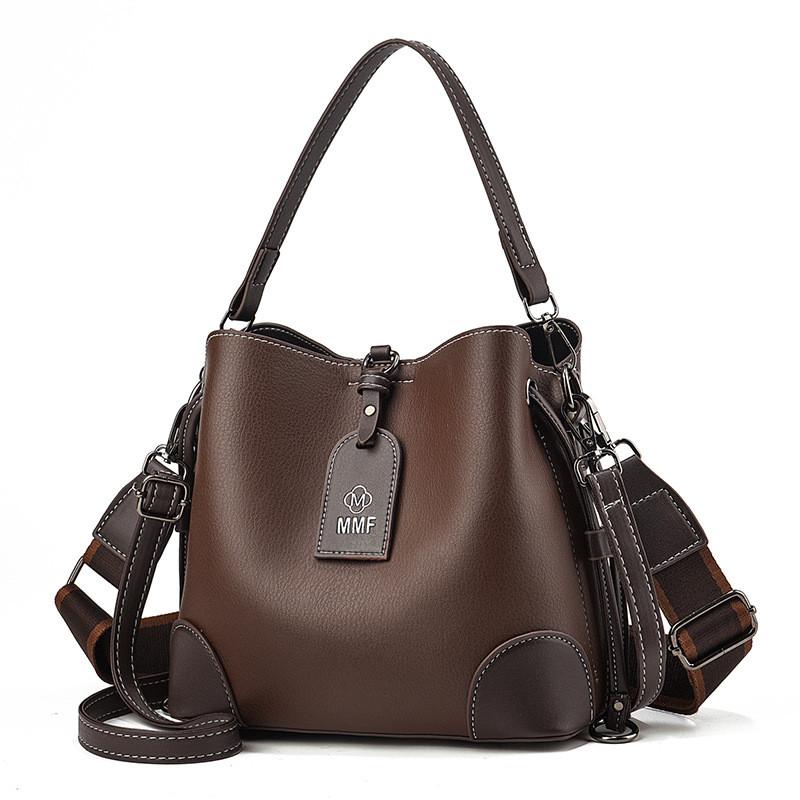 Fashionable Women's Bucket Bag Large Capacity Vintage Style With Wide Shoulder Strap In Black And Coffee