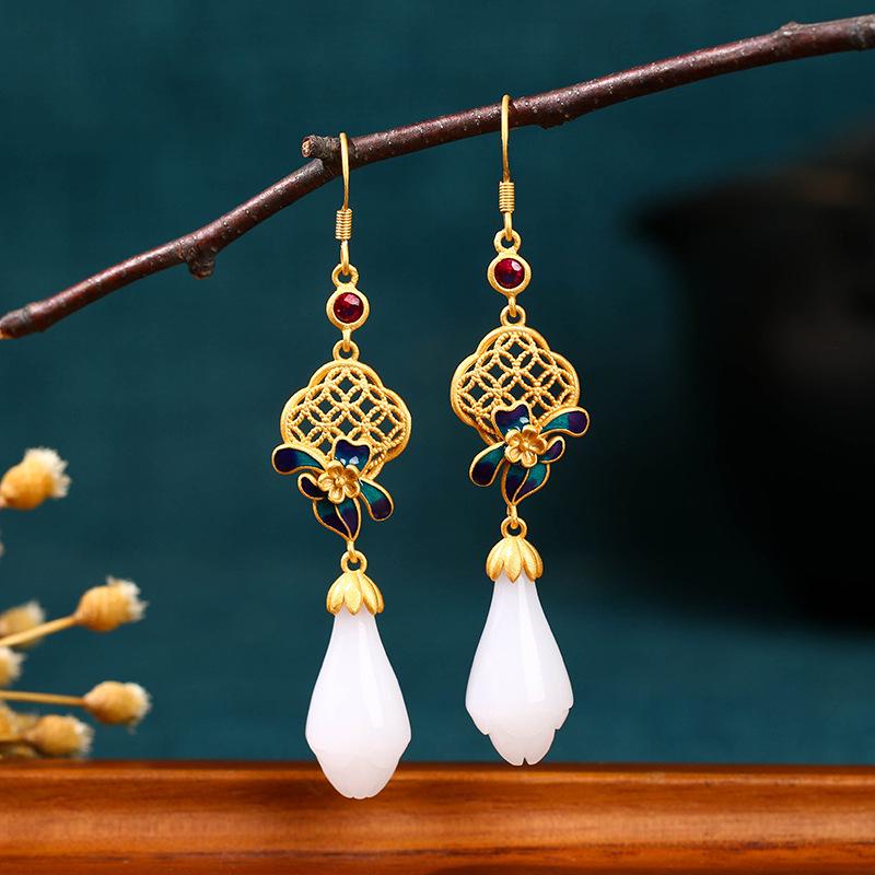 Elegant Chinese Style Gold-Inlaid Jade Magnolia Enamel Earrings