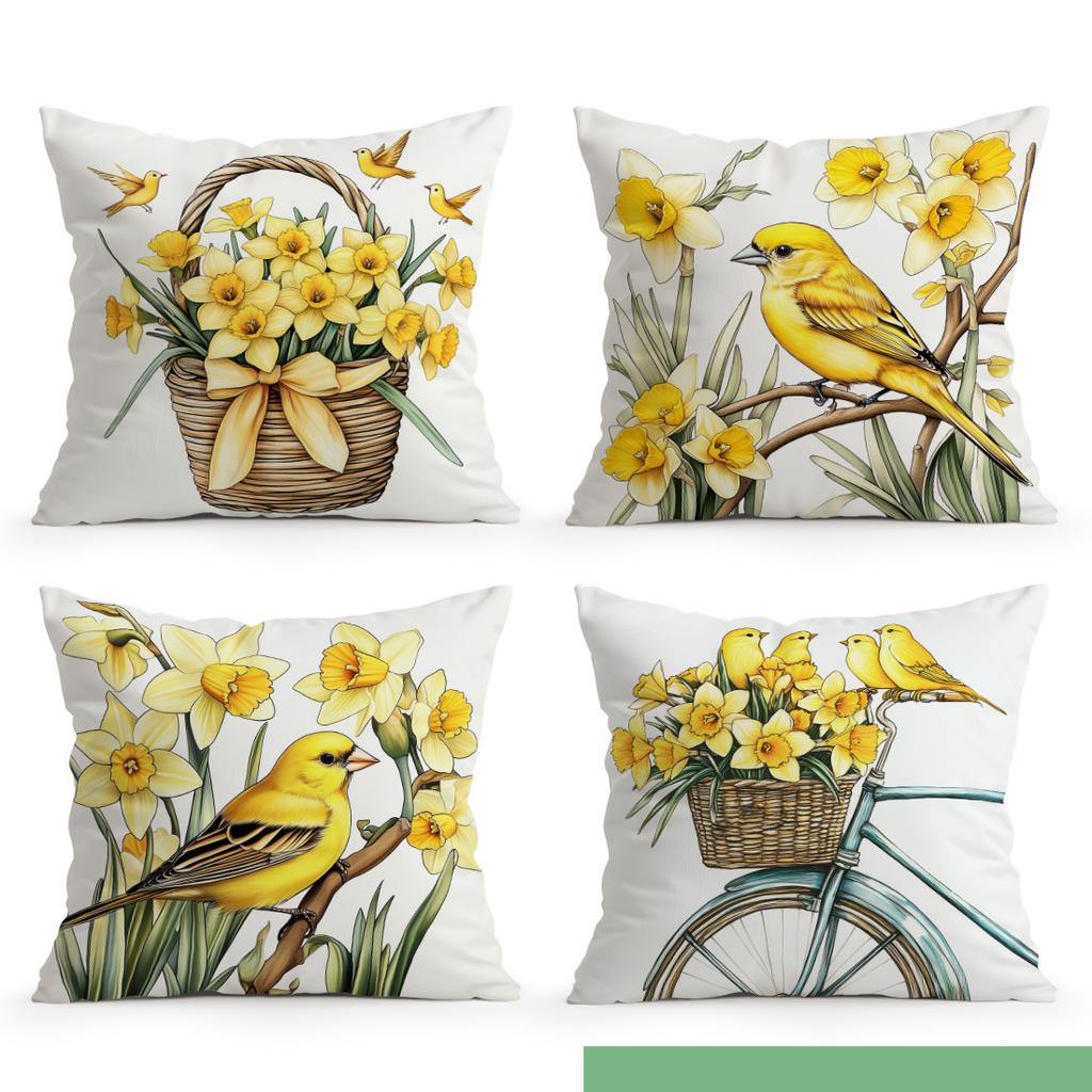 Yellow Daffodil Bird Pillowcase Printed Polyester 40/45/50Cm Throw Pillowcover Decorative Sofa Cushion Pillowslip Home Decor
