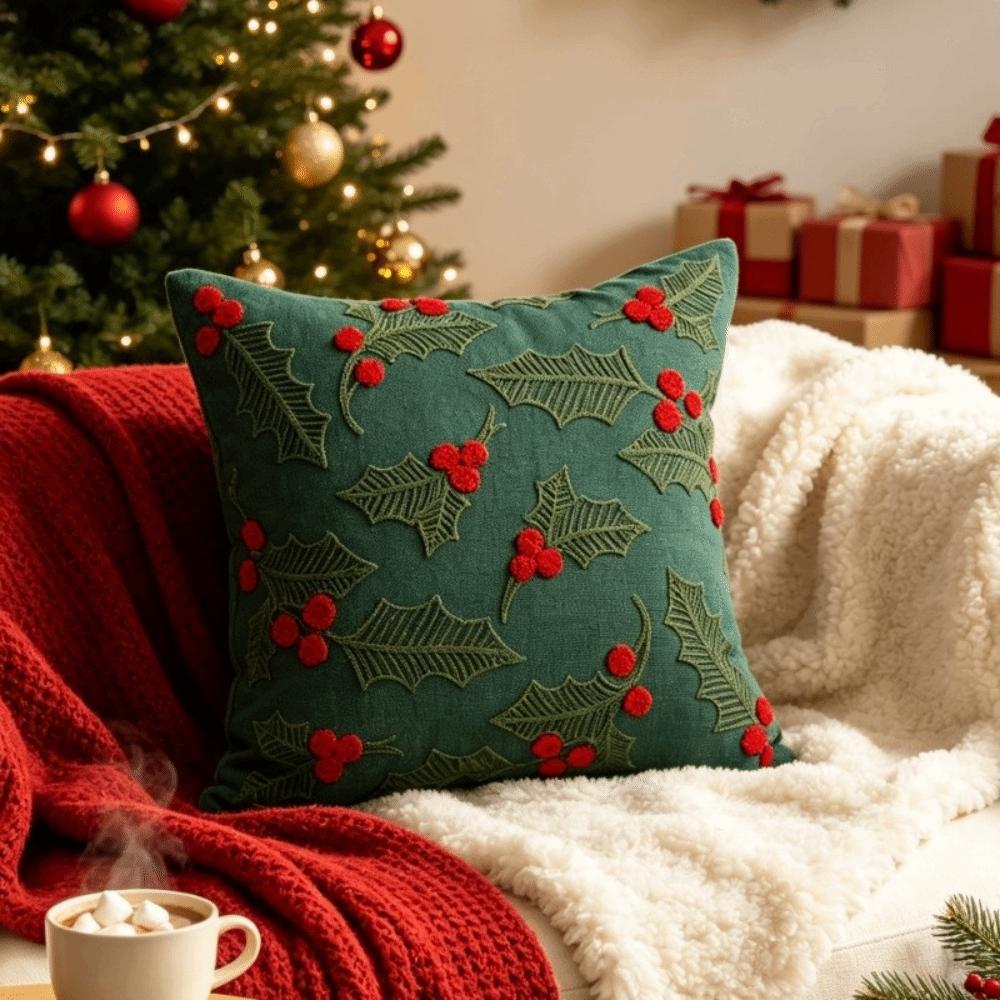 Christmas Tree Throw Pillow Covers Embroidered Cherry Pillow Cases Cushion Cover for Xmas Party