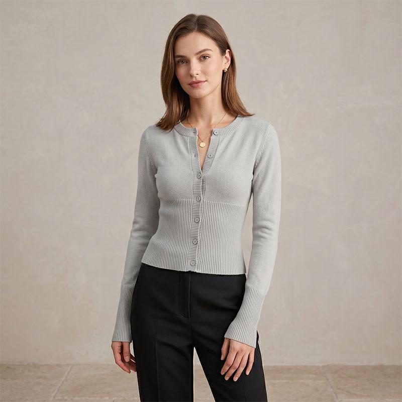 Women Soft Fine Knit Slim Cardigan, Long Sleeve Button Up Crew Neck Sweater Top For Autumn Winter