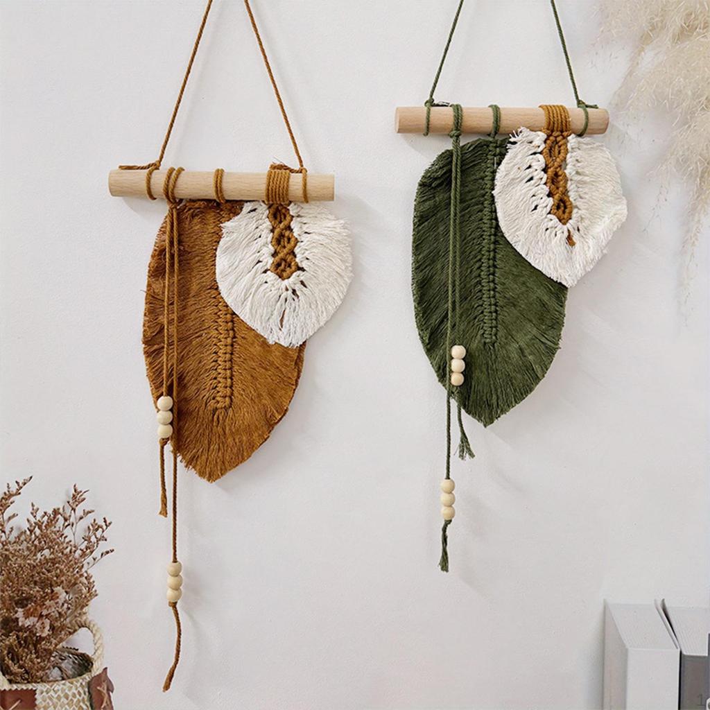 Leaves Woven Tapestry Decoration Bohemian Cottons Handmade Wall Art Leaf Tassel Macrame Hanging