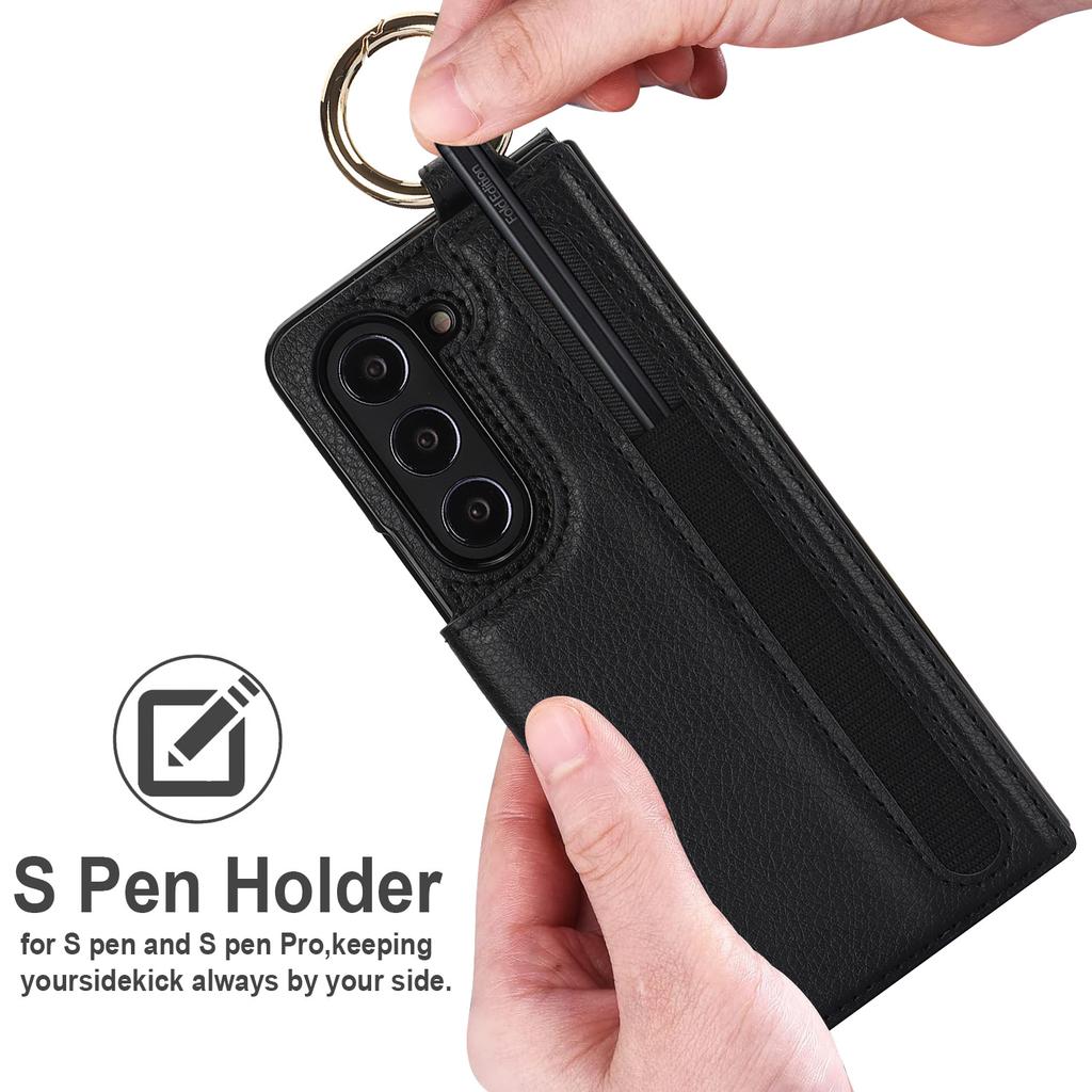 Fold7 Ring Leder Handyhülle für Samsung Galaxy Z Fold 7 6 5 4 3 Stifthalter Doppelschnalle Klapp-Kartenhalter Geldbörse Harte Abdeckung