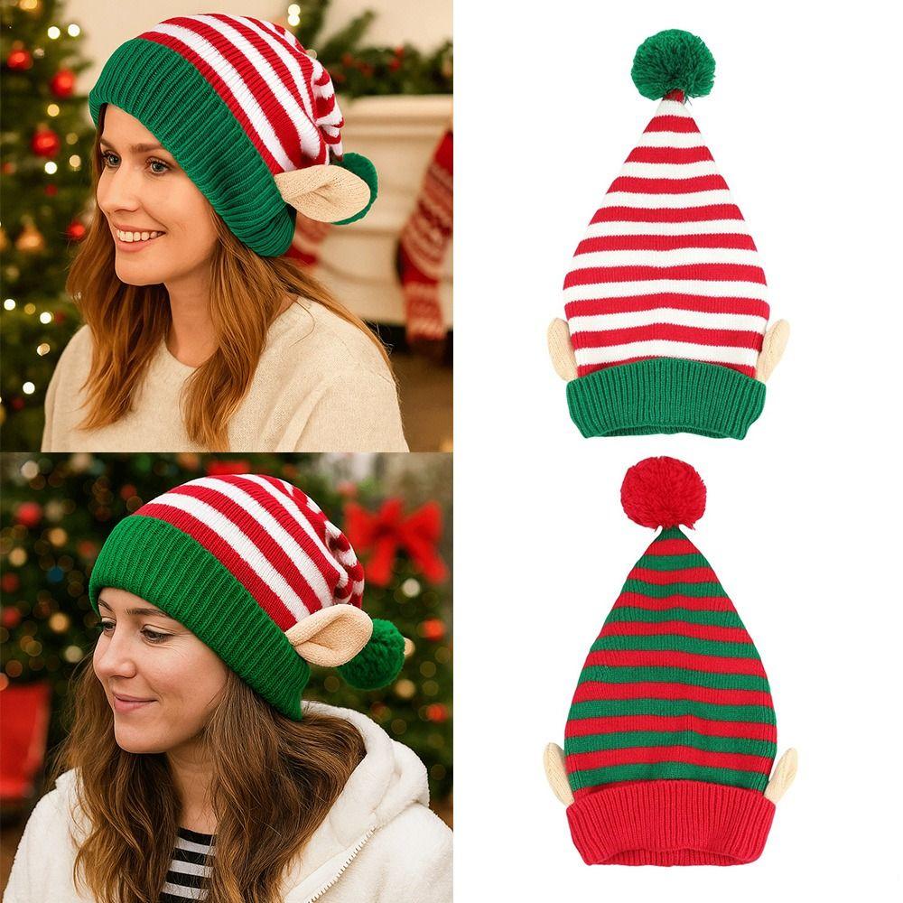 with Small Ears Xmas Cap Jacquard Wool Ball Holiday Knitted Hat Christmas Hat  New Year