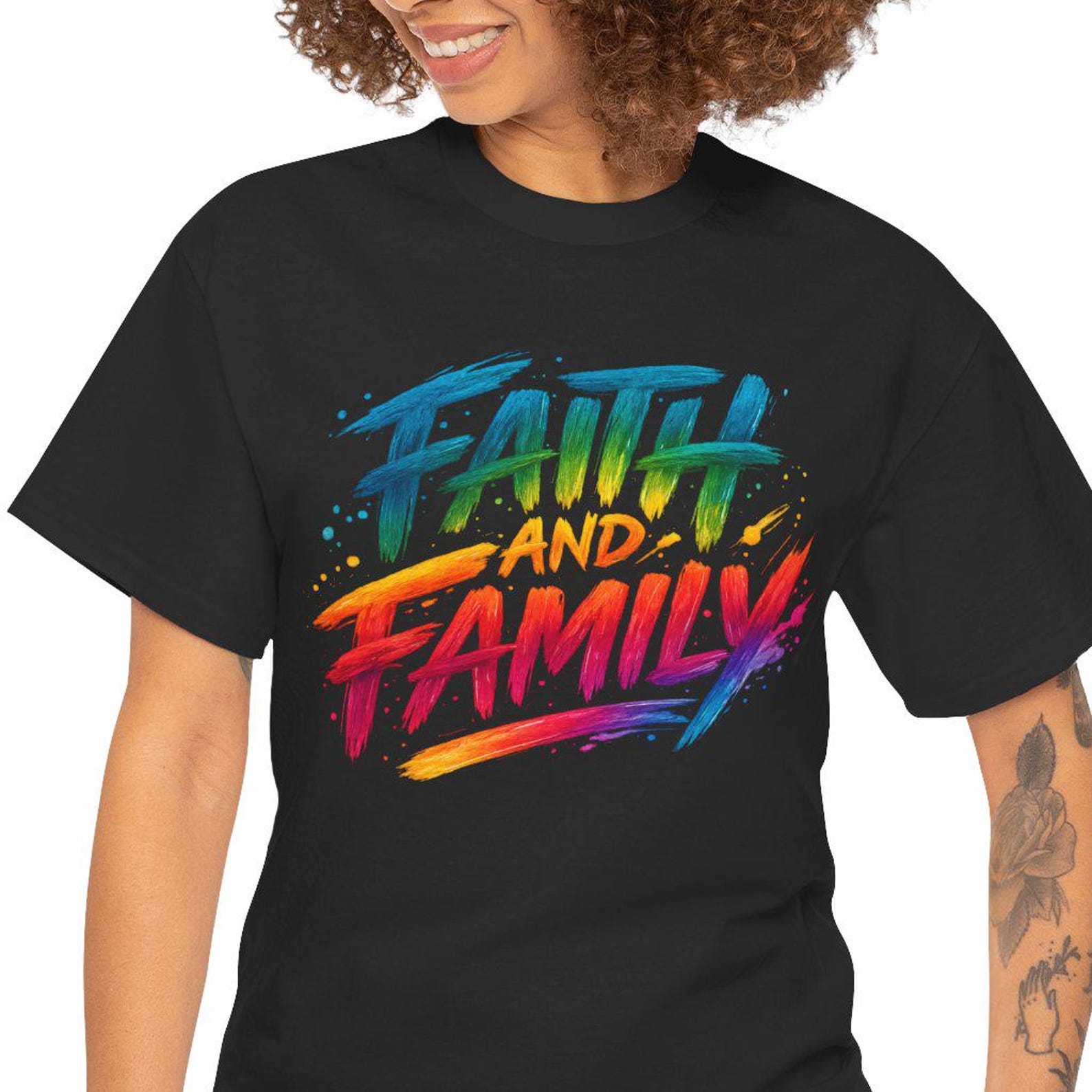 Faith and Family T-Shirt | Rainbow Brushstroke Script Tee 2XL