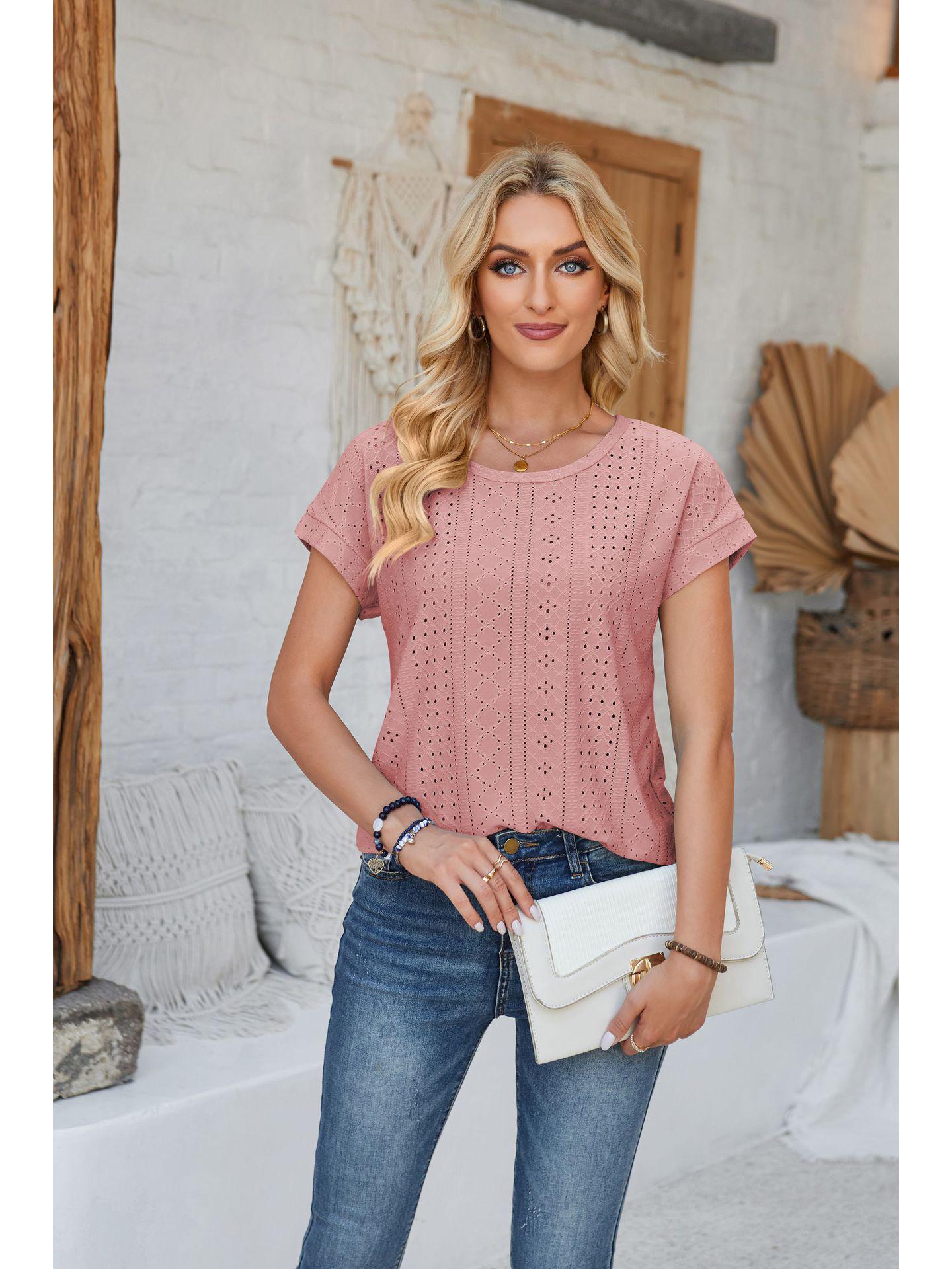 

Spring & Summer Women s Loose Round Neck Eyelet Lace T-shirt L
