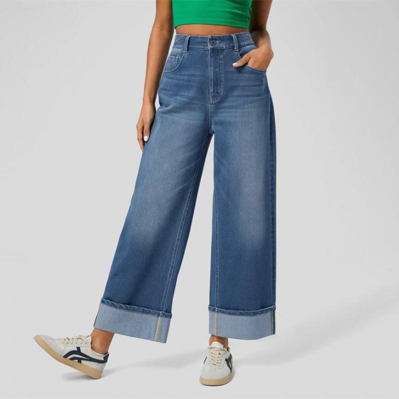 High-Waisted Wide-Leg Denim Pants Women Rolled Cuff Straight Cut Mid-Stretch Cotton Blend Casual Style