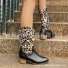 Large size boots women's autumn and winter new wind leopard print low heel pointed head medium tube warm boots