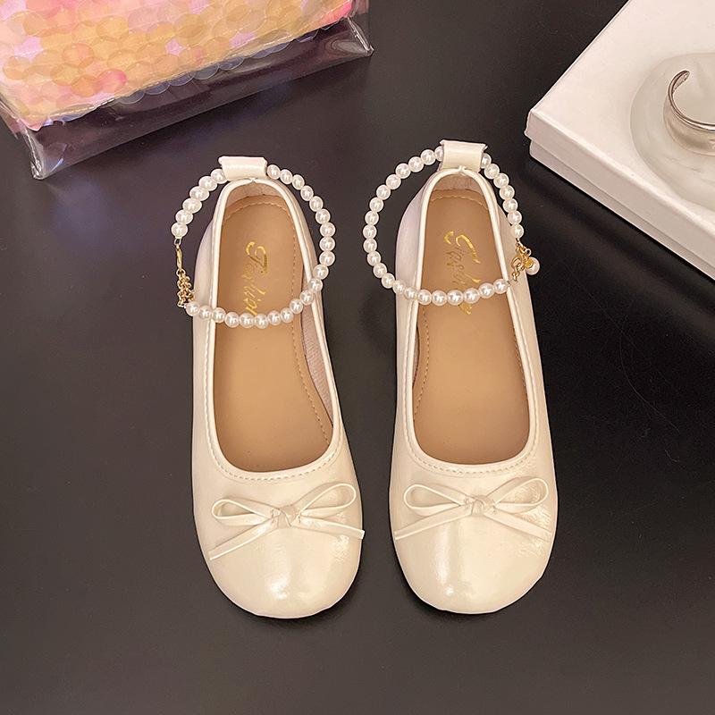 

2025 summer pearl bow single shoes round head flat ballet shoes evening fairy wind Mary Jane shoes 40