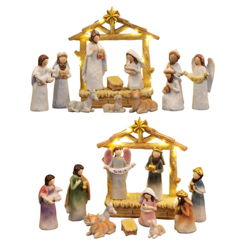 Lighted Up Resin Holy Family Statue Christmas Festival Decor Miniature Centerpiece for Living Room Table Decoration