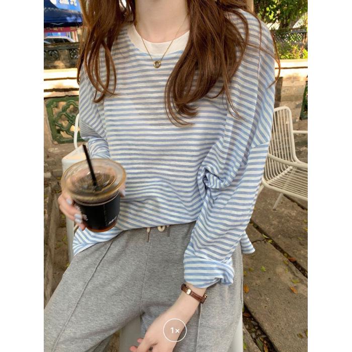 

Женская полосатая футболка с длинным рукавом из ледяного шелка - Свободный крой, Круглый вырез, Шикарный летний топ с защитой от солнца Large синий