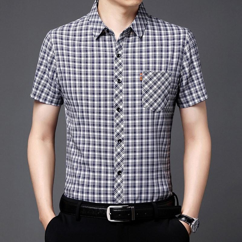 

Новая летняя мужская рубашка с короткими рукавами, негладкая повседневная клетчатая рубашка с карманом и половиной рукавов, мужская одежда для папы среднего и пожилого возраста L