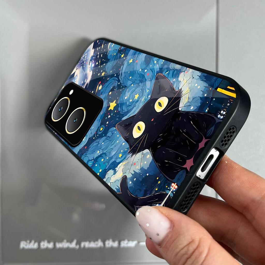 Case for Vivo Y28s 5G Y18 Y18s Y03 Y03t Anime Black Cat Starry Cloud Print Phone Cover Acrylic Hard Back Shell With Flexible TPU Edge