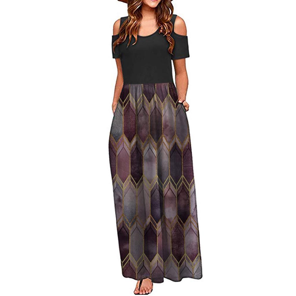 Women' Cold Shoulder Pocket Floral Print Elegant Maxi Short Sleeve Casual Dress