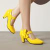FOREADA Women Patent Leather Pumps Round Toe Mary Janes Heels Thick High Heels Buckle Bow Ladies Fashion Shoes Sping Autumn Pink 46