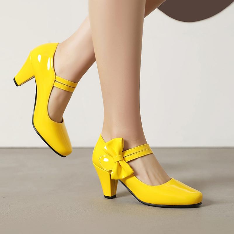 FOREADA Women Patent Leather Pumps Round Toe Mary Janes Heels Thick High Heels Buckle Bow Ladies Fashion Shoes Sping Autumn Pink 46