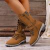 Plus Size Mid-Calf Women's Boots 2025 Winter New Arrival Round Toe, Square Heel Leather Buckle & Knit Panel Combination Martens-Style Boots