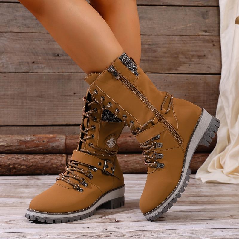 Plus Size Mid-Calf Women's Boots 2025 Winter New Arrival Round Toe, Square Heel Leather Buckle & Knit Panel Combination Martens-Style Boots