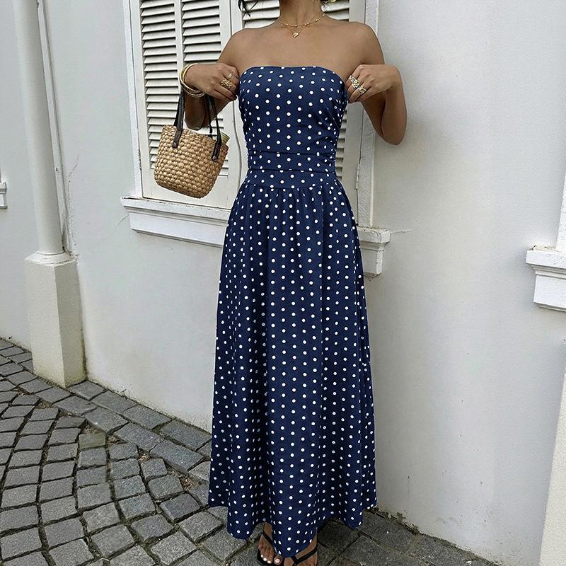 Womens Polka Dots Strapless Summer Dresses, Elastic Back Smocked Beach Vacation Outfits Vintage Elegant Maxi Dress S тёмно-синий