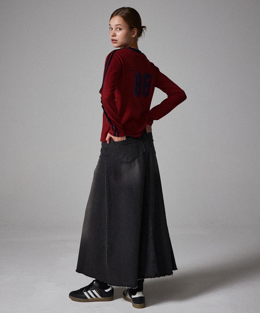 AWESOME STUDIO Flare Maxi Long Denim Skirt Black