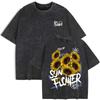 Voll mit Sonnenblumen-Graffiti-Prints Gewaschene T-Shirts Damen Baumwolle Kurzarm Oberteile Sommer O-Ausschnitt Oversize Kleidung