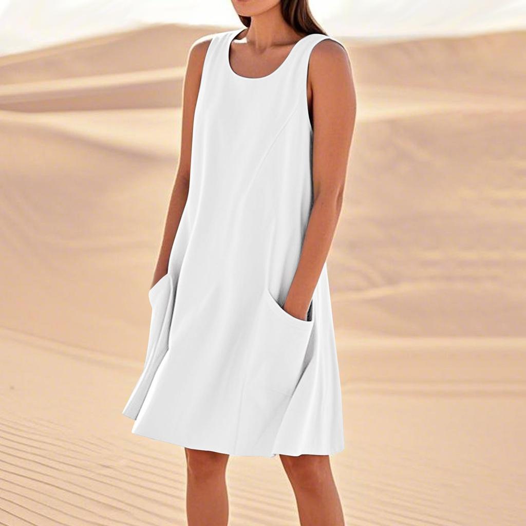 Sommerkleider für Damen, lockerer Strandurlaub, lässig, ärmellos, Sommerkleider mit Taschen, Tankkleid