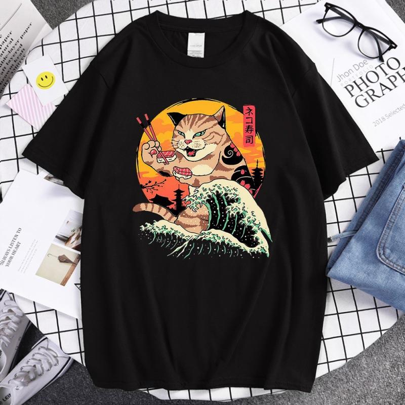 Summer Unisex 100 Cotton Shortsleeved Breathable Samurai Cat Personalized Print Tshirt For Casual And Loose Fit Hiphop Style