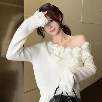 Nouveau pull pour femmes printemps et automne avec rose tridimensionnelle à l'épaule, court, doux et à manches longues