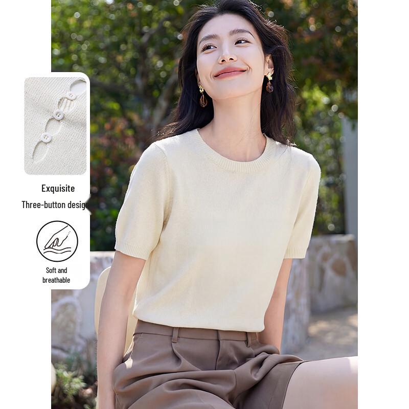 Women's Round Neck Knit Short Sleeve T-Shirt