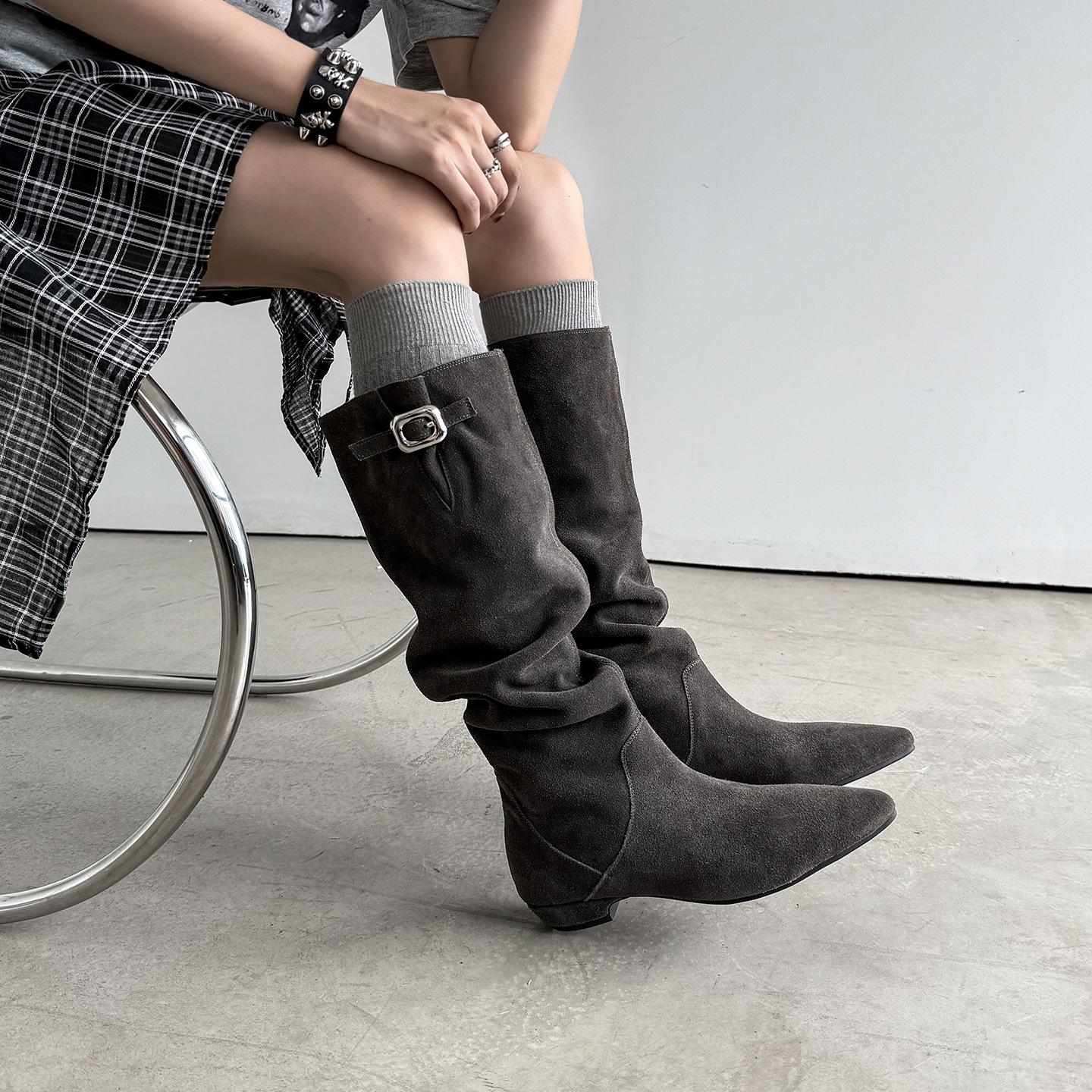 

Cowhide version~ retro pointed pile boots boots boots children 2025 new high boots western cowboy boots boots boots 35 серый