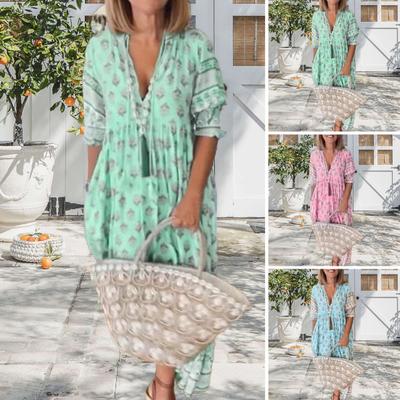 Summer Spring Maxi Dress V Neck Bohemian Style Lantern Sleeves A-line Big