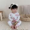 Girls' Home Clothes Baby Girls' Long Sleeve Ribbed Pit Bar Pajamas Two Piece Set with Mushroom Edges