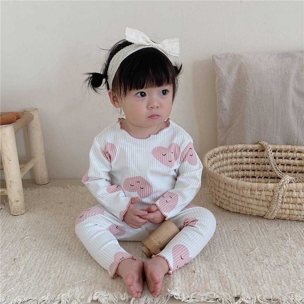 Girls' Home Clothes Baby Girls' Long Sleeve Ribbed Pit Bar Pajamas Two Piece Set with Mushroom Edges