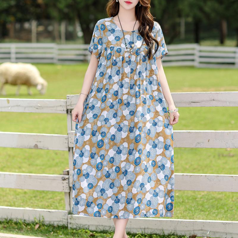 Vintage Print Loose Dresses For Women Plus Size Short Sleeve Casual Long Dress Summer Elegant Middle-aged Women's Clothing