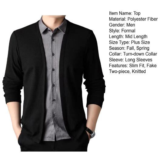 Homens Primavera Outono Top Falso Camisa de Duas Peças E Cardigan Patchwork Malha Suéter Gola Dobrada Estilo Formal Casaco de Escritório