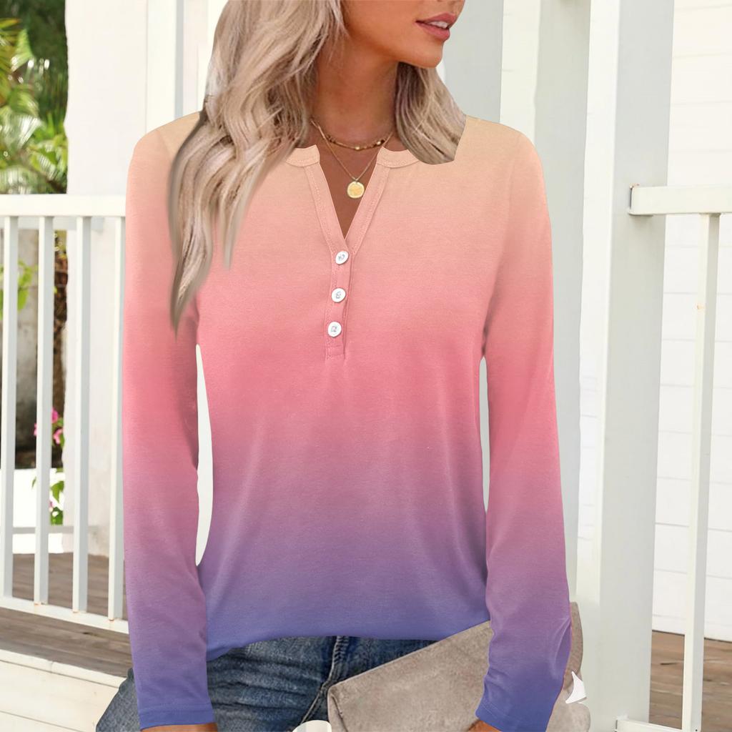 Women's Casual And Fashionable T-shirt With Gradient Print, Round Neck And Long Sleeves.