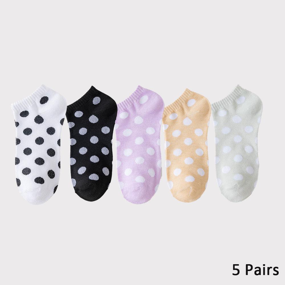 

5 пар женских носков до щиколотки в горошек Y2K, кавайные хлопковые дышащие короткие носки, белые/черные/фиолетовые/розовые (Многоцветный) One Size