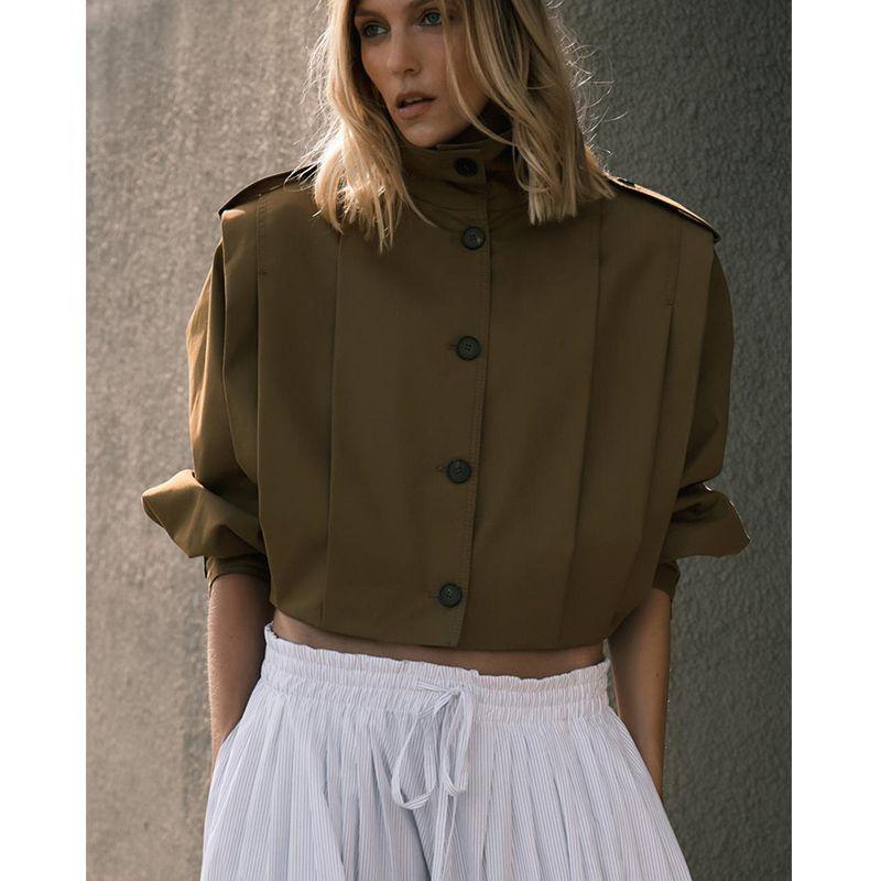 Summer New Women clothes Maillard Pleated Decorative Single-Breasted Blended Long sleeve Turtleneck Outerwear 3194545