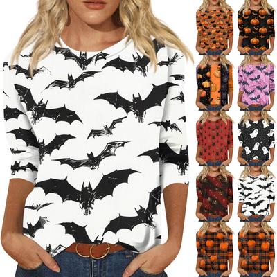 Blusa Feminina da Moda Casual de Manga Três Quartos com Estampa de Halloween e Gola Redonda