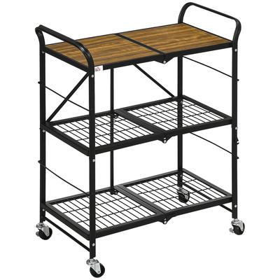 Kitchen Cart In Industrial Design, with 3 Shelves, Multi-purpose Cart, Serving Cart, 4 Wheels, Foldable, Brown + Black