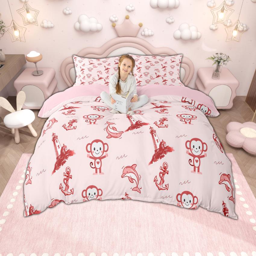 Homewish Cartoon Monkey Duvet Cover Set For Kids Woodland Wildlife Quilt Cover Set Cute Animal Bedding Set