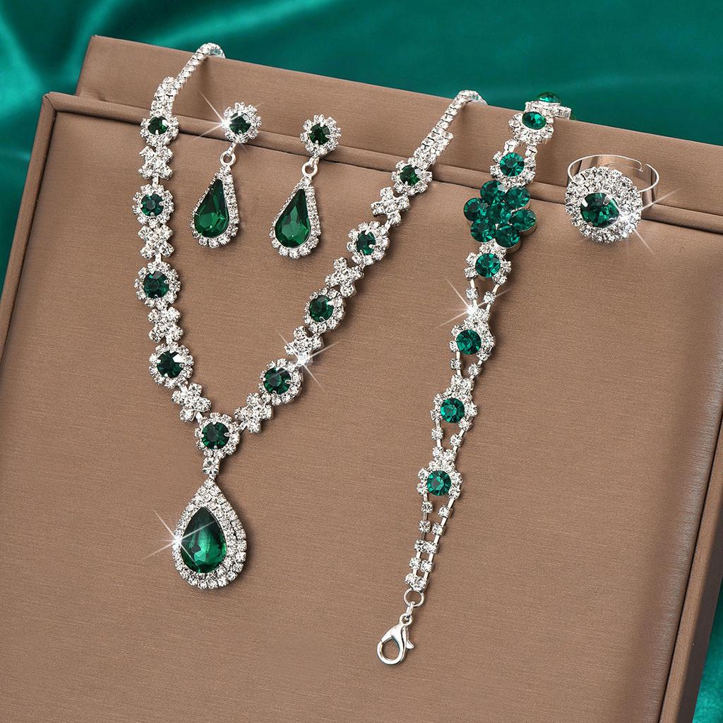 Luxury Crystal Teardrop Jewelry Set for Women Necklace Earrings Bracelet Ring 4 Piece Elegant Fashion Gift