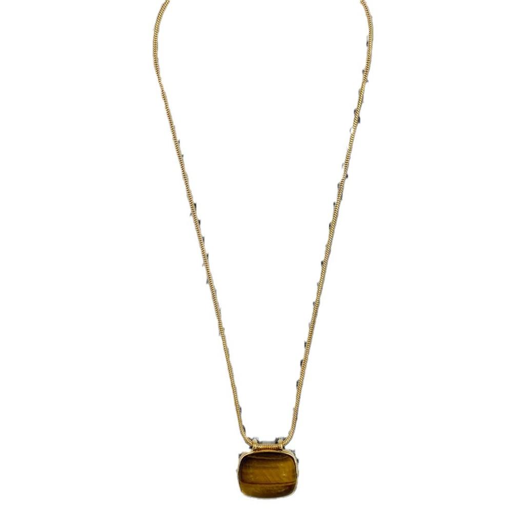 Retro Tiger'S Eye Stone Square Pendant Collarbone Chain Fashionable Commuting Must Enter Simple Temperament Versatile Necklace