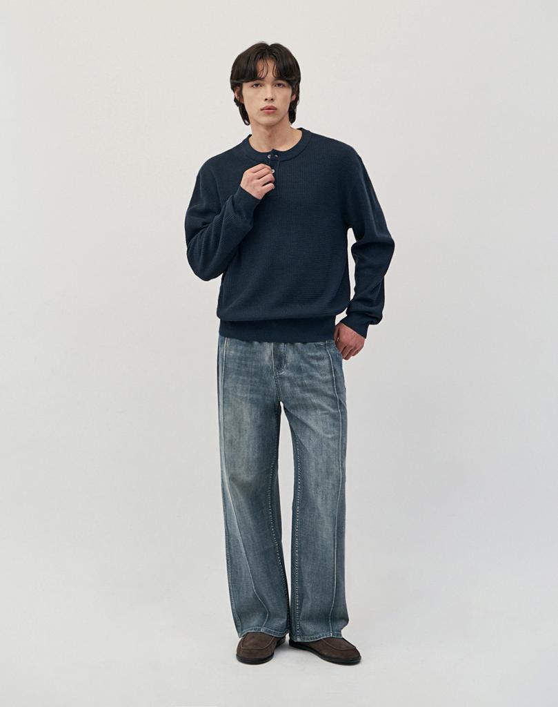 WORK ON BODY OFF Easyon Semi-Overfit Henley Neck Knit [Navy]