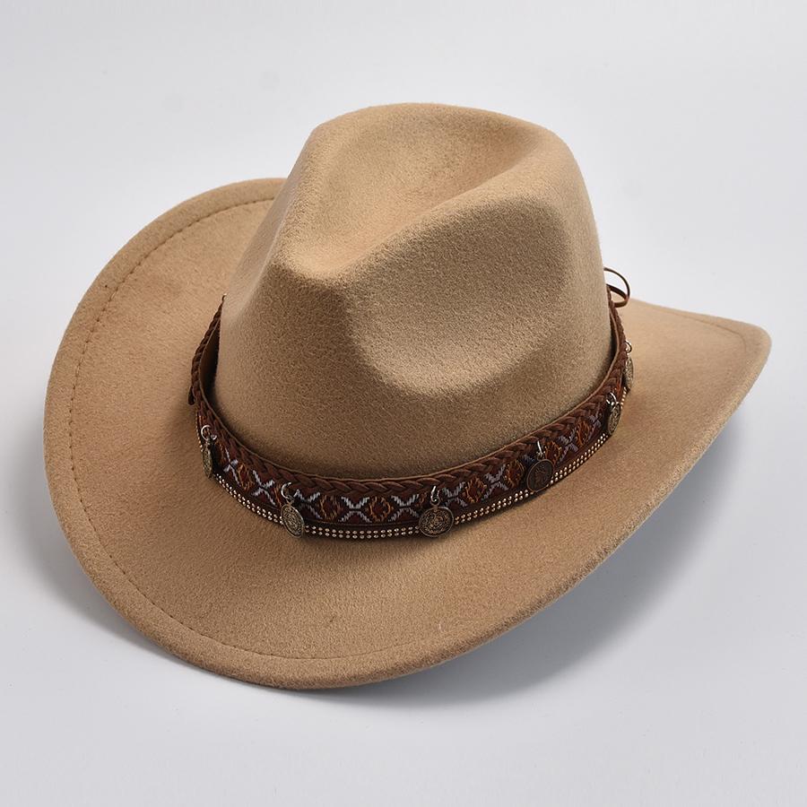 Unisex Winter Autumn Imitation Wool Felt Hat Vintage Western Cowboy Cowgirl Jazz Cap With Belt