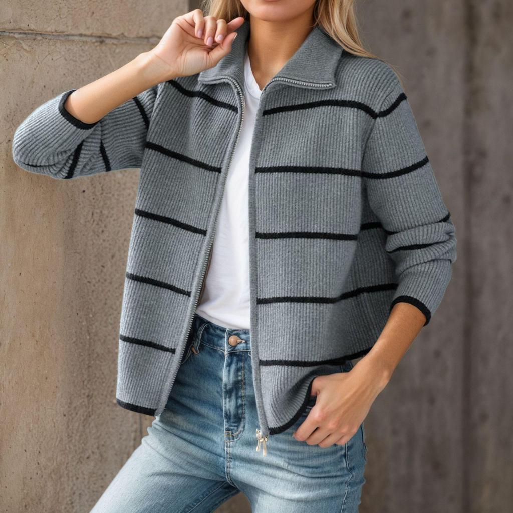 Women's 2025 Fall/Winter Color Block Striped Knitted Zip-up Cardigan with Turn-down Collar