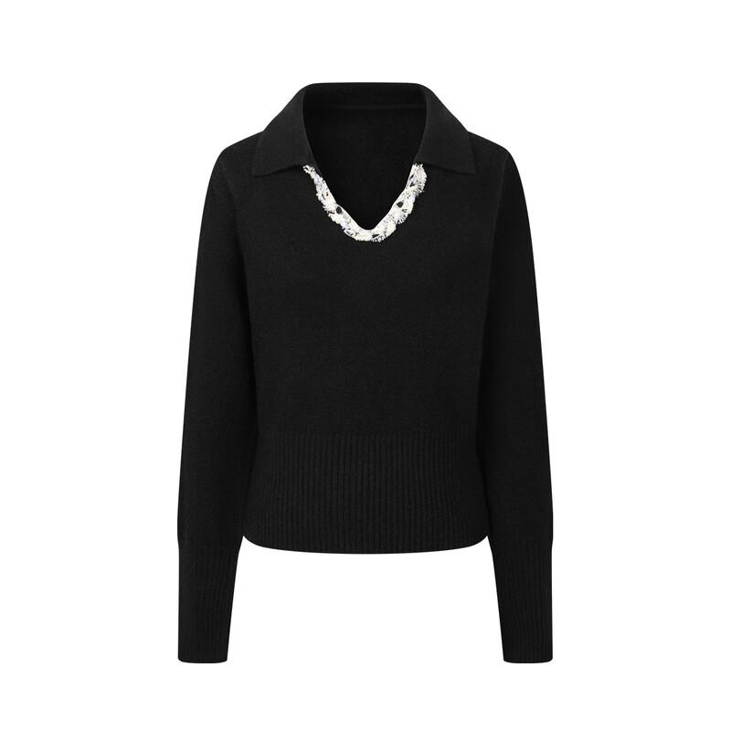 FivePlus Women's Slim Fit V-Neck Knit Sweater with Woven Chain Detail