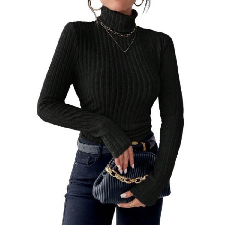 Winter Knitwear Slim Fit Turtleneck Sweater Women Long Sleeve Ribbed Bottom Solid Color Knitting Tops S чёрный