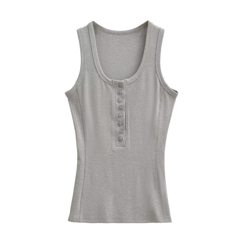 Women s Spicy Girl Patchwork Tank: Multi-Button, U-Neck, Slim-Fit, Sleeveless Base Top Medium серый